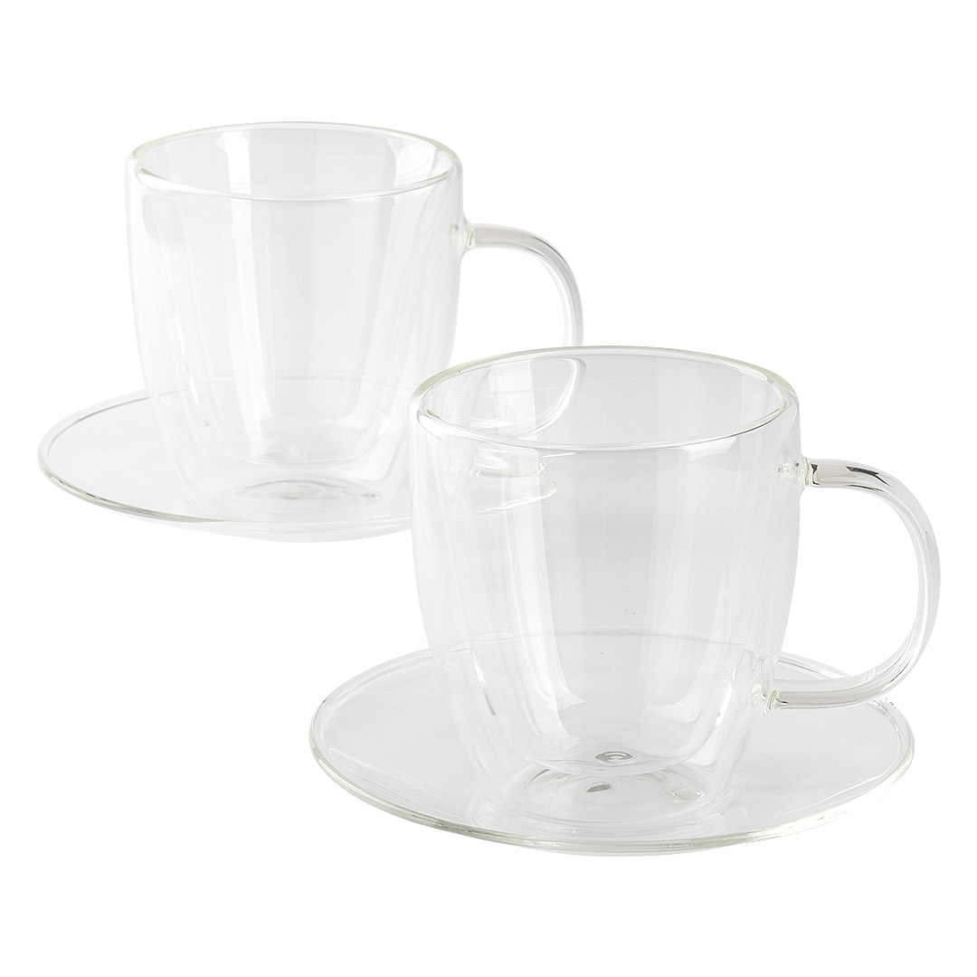 Set od dve staklene šolje sa tacnama za cappuccino sa dvostrukim zidom, 2 x 150 ml